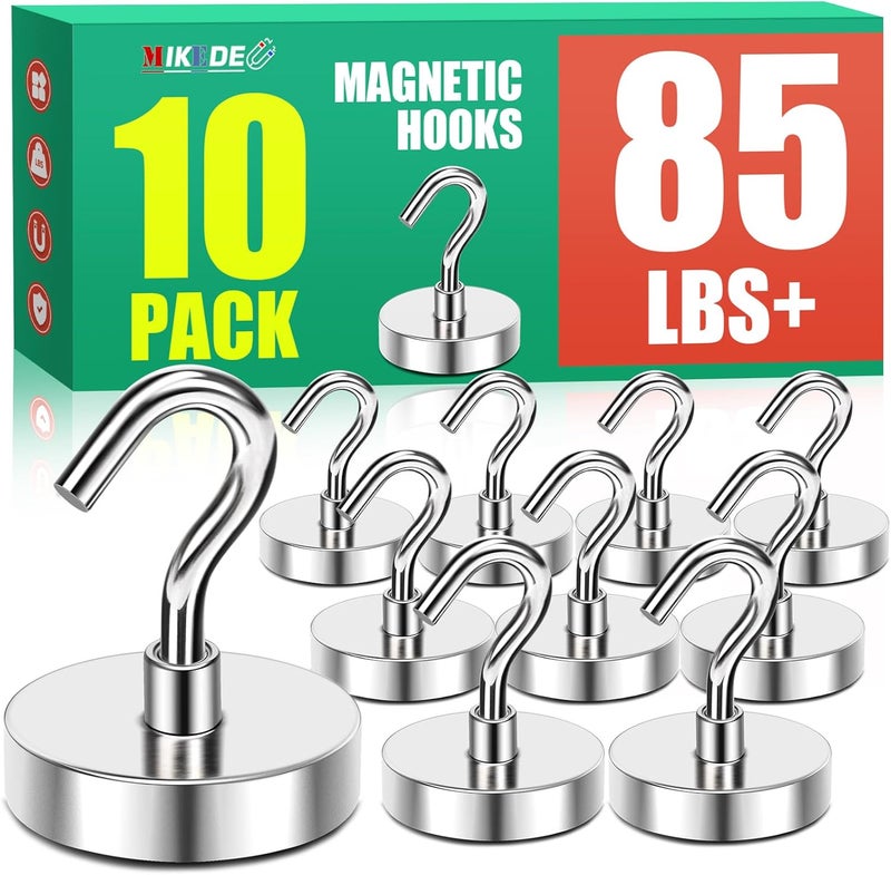 MIKEDE Magnetic Hooks, 85 Lbs Heavy Duty Earth Magnets with Hooks for Cruise Cabin, 10 Pcs Strong Locker Magnetic Hooks for Hanging, Metal Magnetic Hanger for Classroom, Grill, Fridge, Kitchen - Image 1